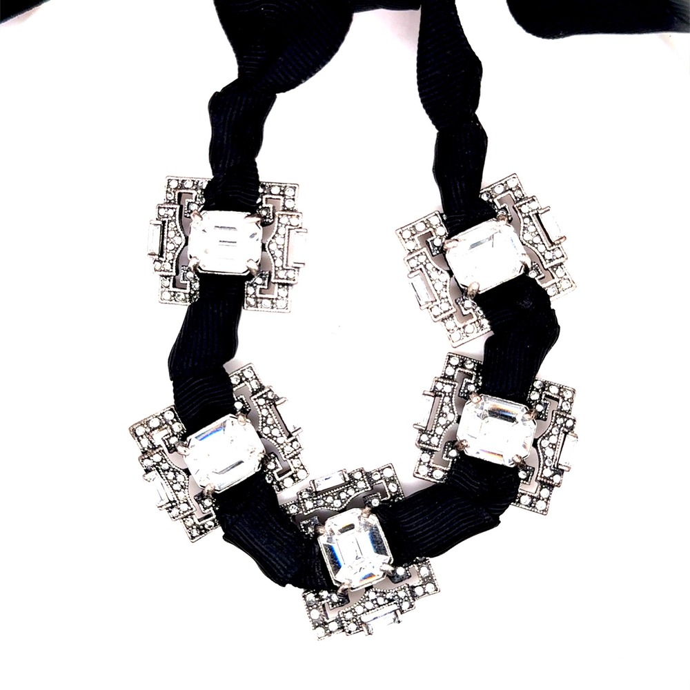Art Deco Crystal Ribbon Statement Necklace Black Grosgrain Silver Tone Geometric